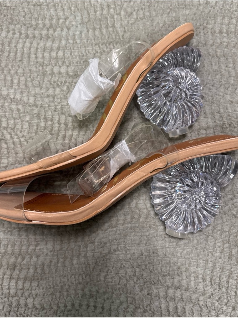 NWOT Cape Robbin Clear Strap Nude Heels with Sculpted Lucite Floral Heel